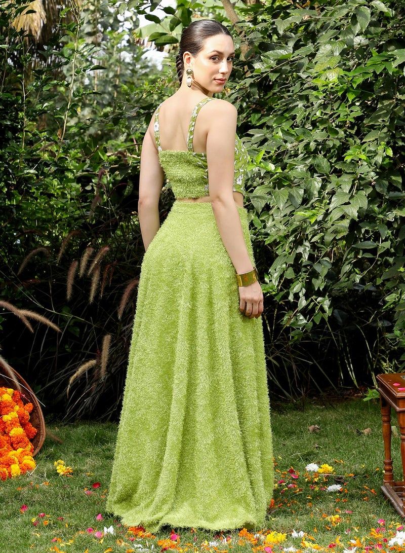 QISSA Women's Embroidered-Flora Textured Co-Ord Set For Ethnic Wear | Square Neck, Sleeveless | Floral Embroidery Woven Fabric | 2 Piece Co-Ords Designed For Evening & Party Wear | Grass Green - Image 5