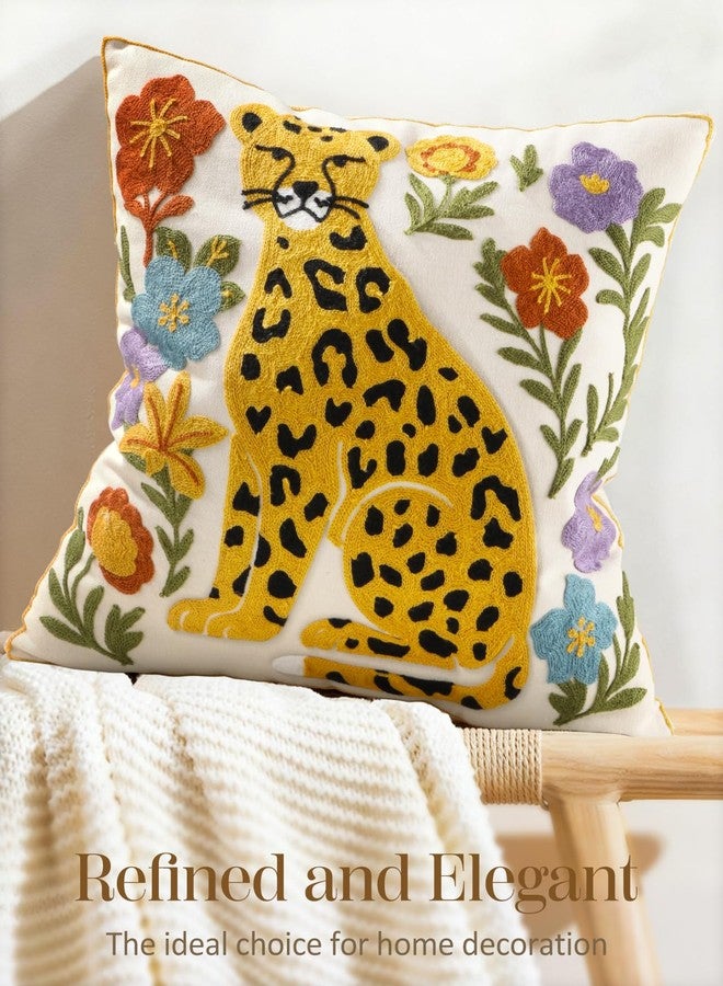Kokaaee Embroidered Throw Pillow Cover 18x18 Inch - Spring Summer Boho Decorative Animal Pillow Covers with Zipper for Couch Sofa Bedroom Living Room Cushion Pillowcase, Leopard Floral - Image 5