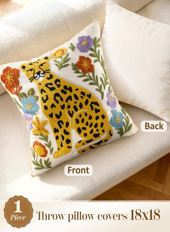 Kokaaee Embroidered Throw Pillow Cover 18x18 Inch - Spring Summer Boho Decorative Animal Pillow Covers with Zipper for Couch Sofa Bedroom Living Room Cushion Pillowcase, Leopard Floral - Image 4