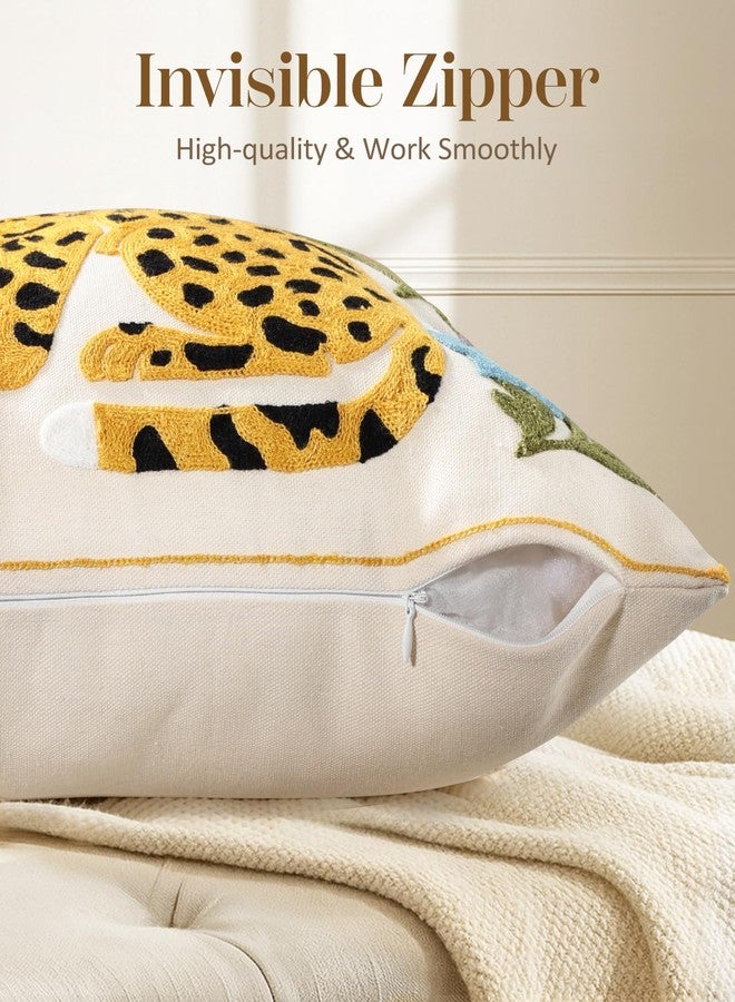 Kokaaee Embroidered Throw Pillow Cover 18x18 Inch - Spring Summer Boho Decorative Animal Pillow Covers with Zipper for Couch Sofa Bedroom Living Room Cushion Pillowcase, Leopard Floral - Image 3