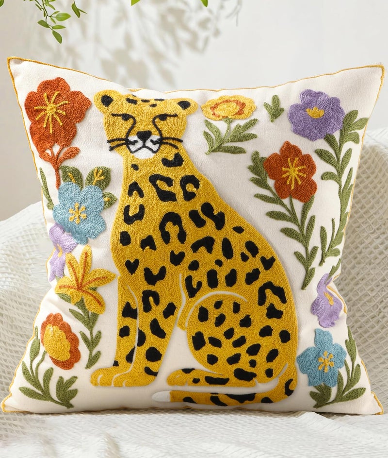 Kokaaee Embroidered Throw Pillow Cover 18x18 Inch - Spring Summer Boho Decorative Animal Pillow Covers with Zipper for Couch Sofa Bedroom Living Room Cushion Pillowcase, Leopard Floral - Image 1