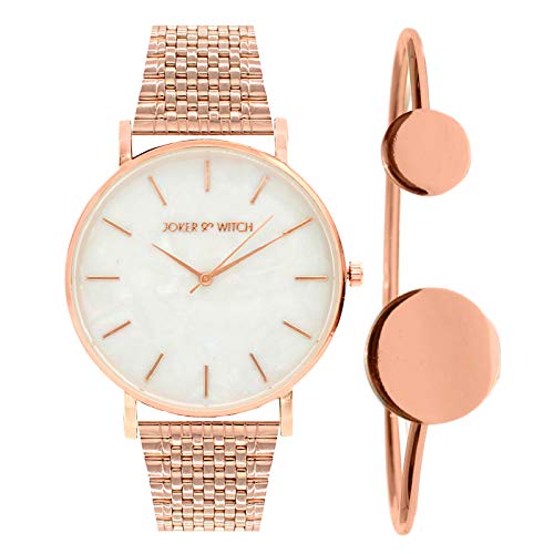Joker & Witch Stainless Steel Women Aria Rosegold White Dial Analog Watch Bracelet Set, Gold Band - Image 1