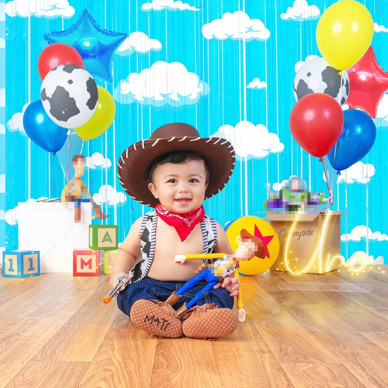 Simaya Cartoon Toy Inspired Story Birthday Party Decoration, 2 Pack Story Party Photo Booth Prop, Blue Sky White Cloud Fringe Curtains Tinsel Photo Streamers Backdrop for Cartoon Story Party Supplies - Image 4