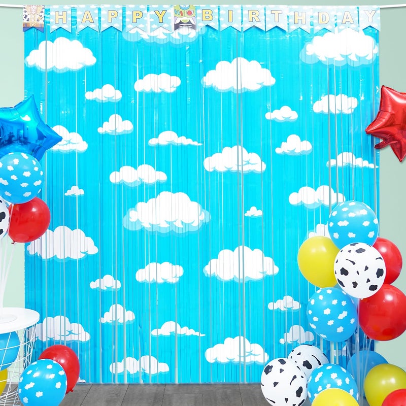 Simaya Cartoon Toy Inspired Story Birthday Party Decoration, 2 Pack Story Party Photo Booth Prop, Blue Sky White Cloud Fringe Curtains Tinsel Photo Streamers Backdrop for Cartoon Story Party Supplies - Image 2
