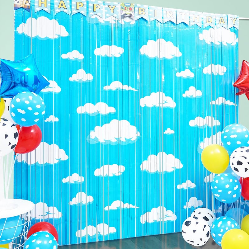 Simaya Cartoon Toy Inspired Story Birthday Party Decoration, 2 Pack Story Party Photo Booth Prop, Blue Sky White Cloud Fringe Curtains Tinsel Photo Streamers Backdrop for Cartoon Story Party Supplies - Image 1