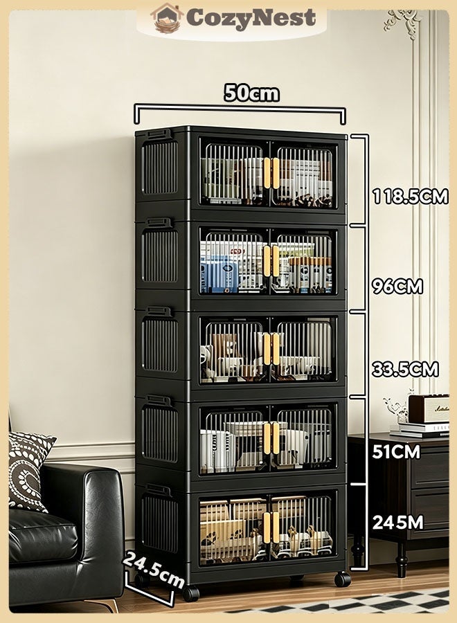 CozyNest 5-Tier 50cm Wide  Foldable Storage Multifunctional Double Door Installation Free Storage Bins Cabinet with Wheels Freestanding Stackable Drawer Cabinet for Home,Office,Bedroom,Living Room,Study - Image 1