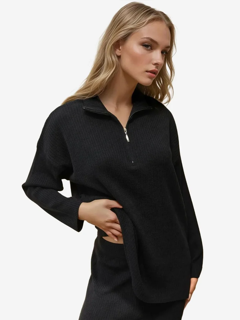 Hiccup Black High Waist Knit Co-ord with Zipper Collar for Women | Best Price UAE
