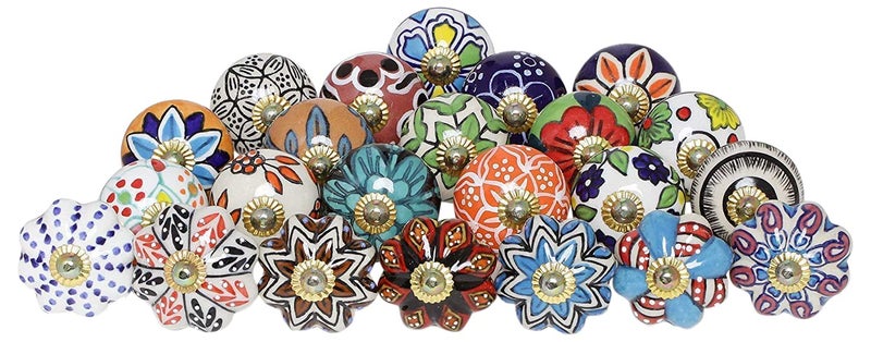 Kitchen Cabinet Knobs - Pack Of 30 - Indian Countryside Colorful Assorted Ceramic Drawer Pull Handle Dresser Cupboard Wardrobe Knob Boho Room Interior Decor - Multicolor