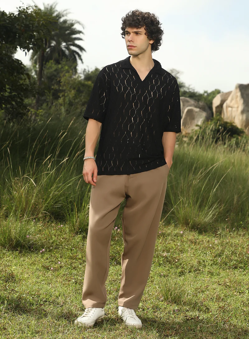 Campus Sutra Men's Onyx Black Honeycomb-Knit Polo T-Shirt