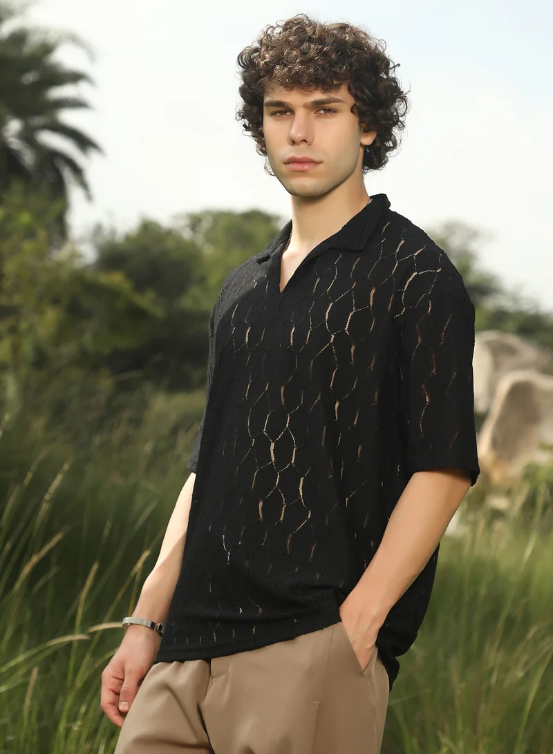 Campus Sutra Men's Onyx Black Honeycomb-Knit Polo T-Shirt