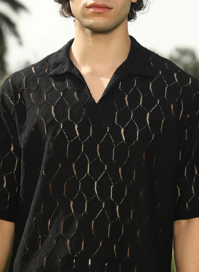 Campus Sutra Men's Onyx Black Honeycomb-Knit Polo T-Shirt