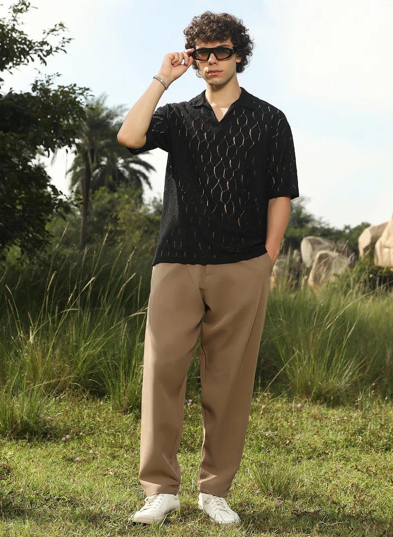 Campus Sutra Men's Onyx Black Honeycomb-Knit Polo T-Shirt