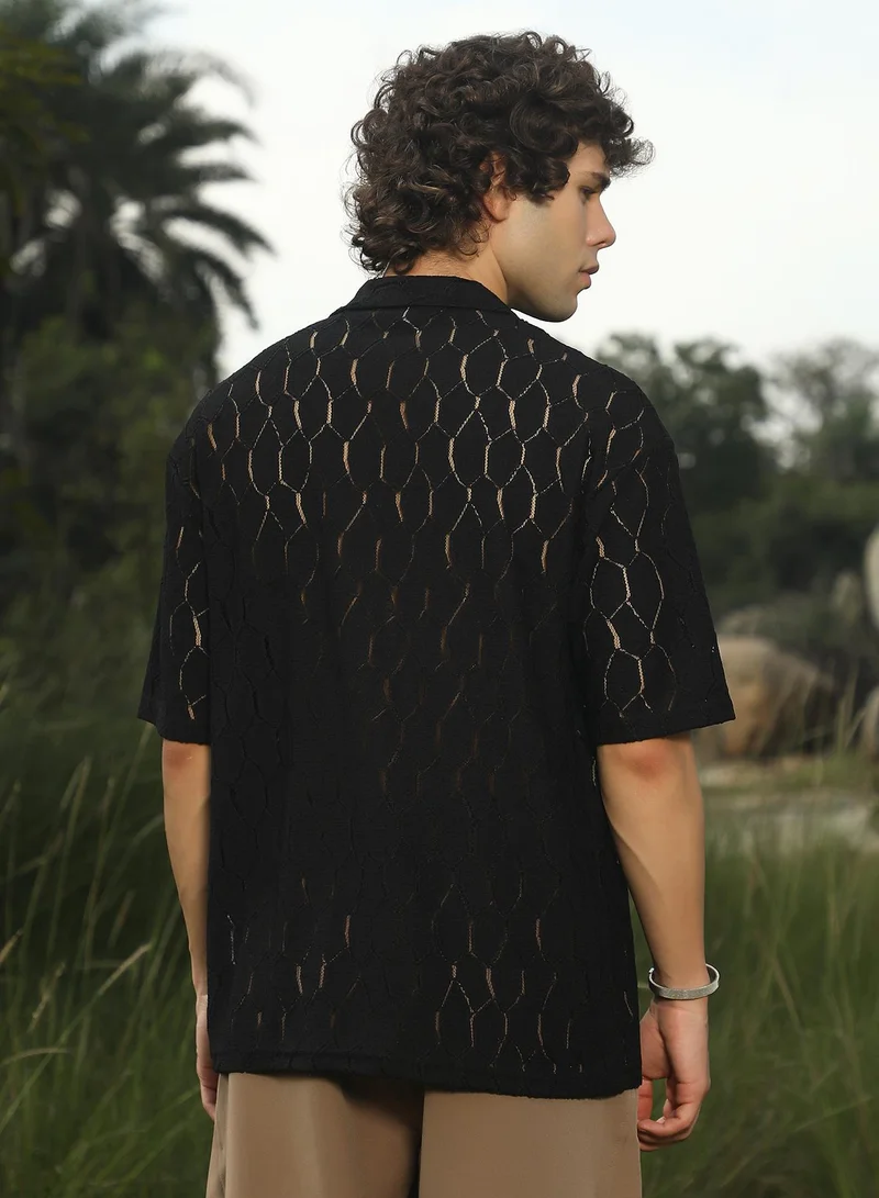 Campus Sutra Men's Onyx Black Honeycomb-Knit Polo T-Shirt