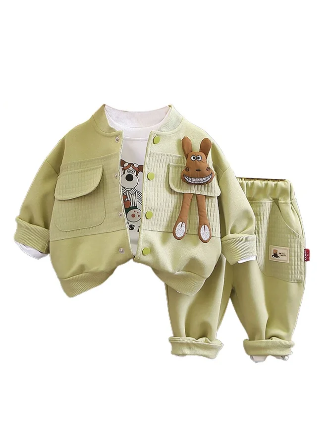 LITTLE SURPRISE BOX Box Olive Green Smiling Doggy Face Designed Jacket 3Pcs Track Suit Set For Toddlers And Kids-2-3Y