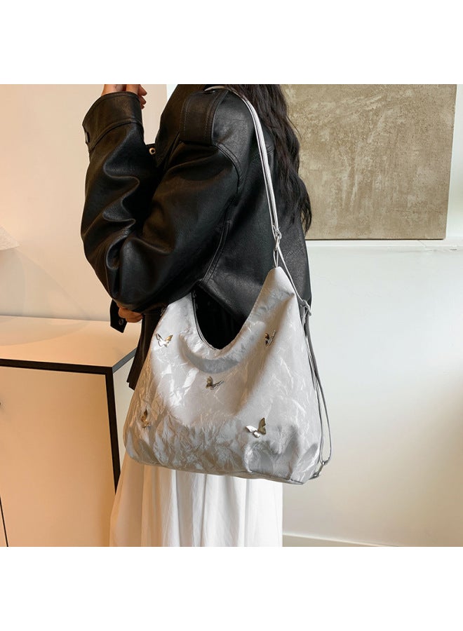 Large Capacity Women's Backpack 2025 Trendy Design Commuter Multi-Functional Double Shoulder Single Shoulder Crossbody Bag-Color:No Pendant Silver - Image 1