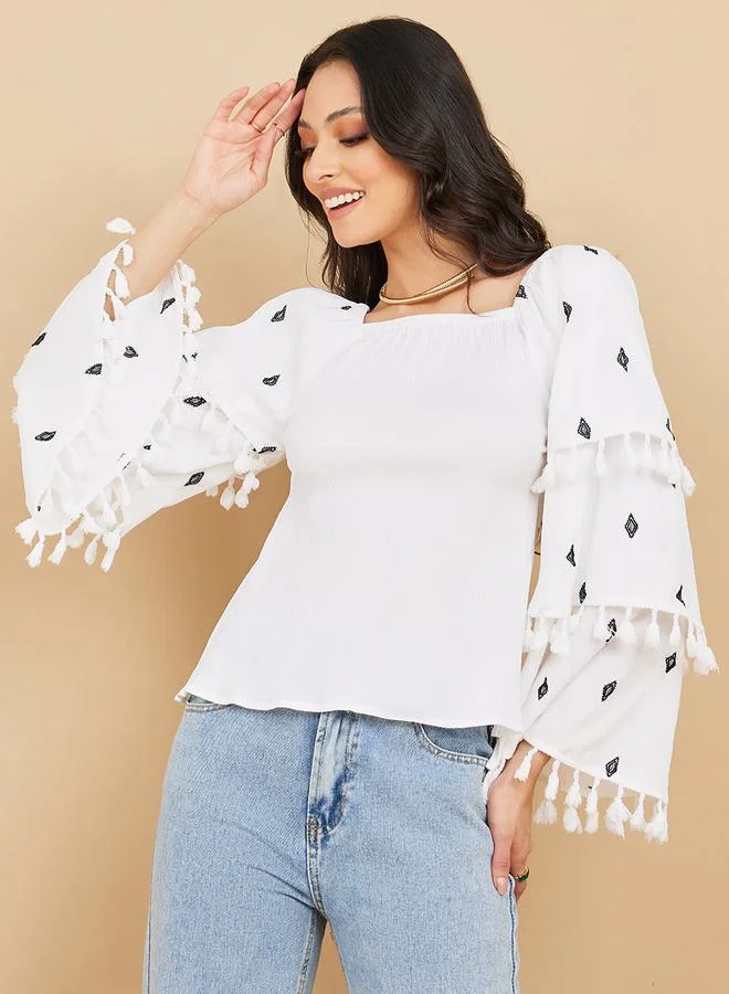 Styli Embroidered Square Neck Tiered Sleeves Top