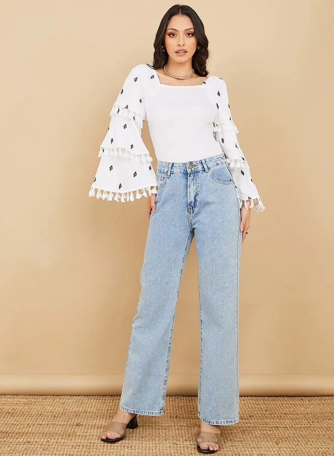 Styli Embroidered Square Neck Tiered Sleeves Top