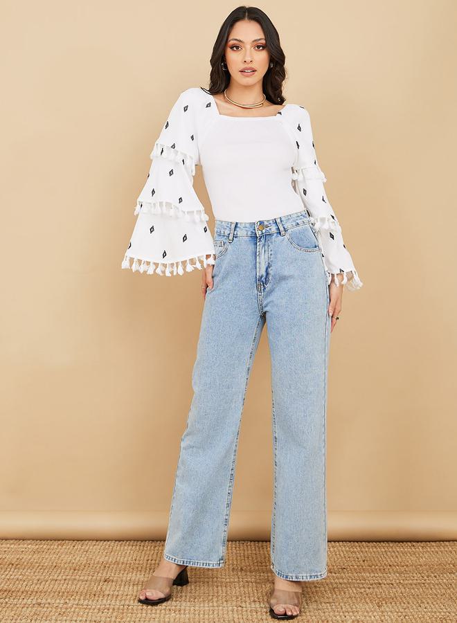 ستايلي بلوزة بأكمام مكشكشة وياقة مربعة مطرزة - Image 3