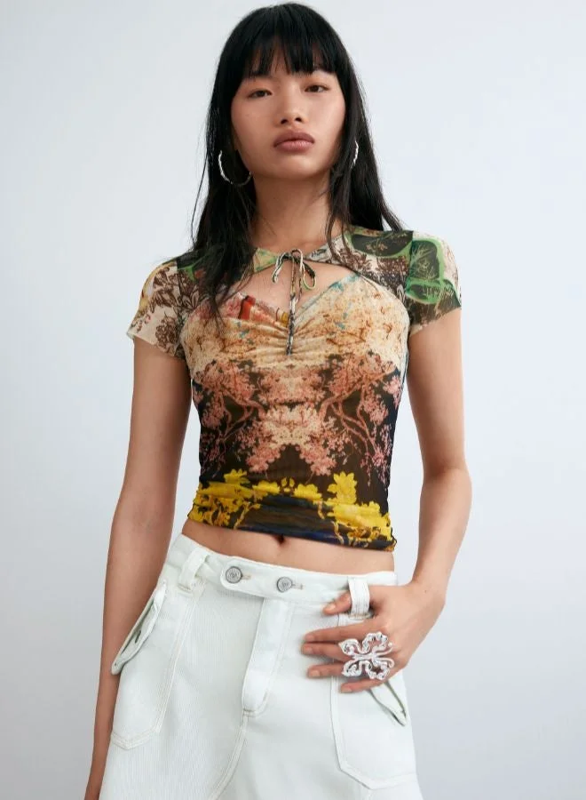 DESIGUAL Printed Tulle Top