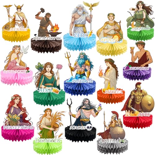 Htabiol Greek Mythology Honeycomb Centerpieces Table Decorations 15pcs Olympian Gods Honeycomb Centerpieces Htabiol Greek Mythology Decor Greek Gods Party Decorations Suit for Ancient Greece Party - Image 1