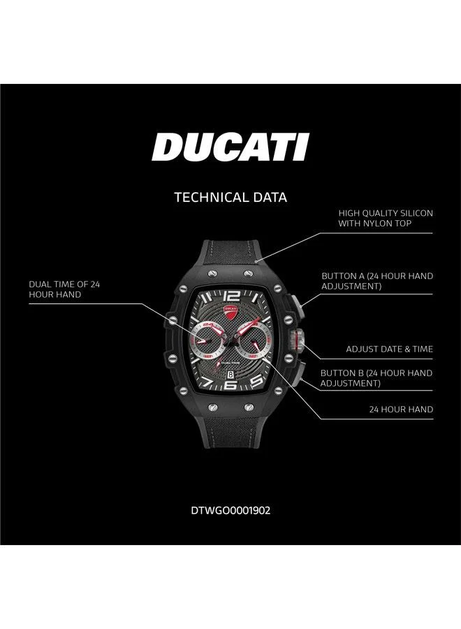 Ducati black DT013 Black Grey Dial Black Silicone-Nylon Strap Multifunction Watch - 44.5mm for Men | Best Price UAE