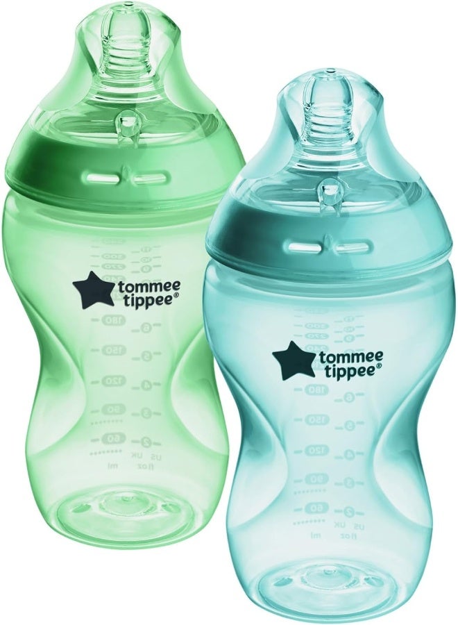Tommee Tippee Natural Start Baby Bottle, 11oz, Thicker Feed, Breast-Like for Babies 6 Months+, Fiesta Colorful Bottles, Green and Teal, 2 Count - Image 1