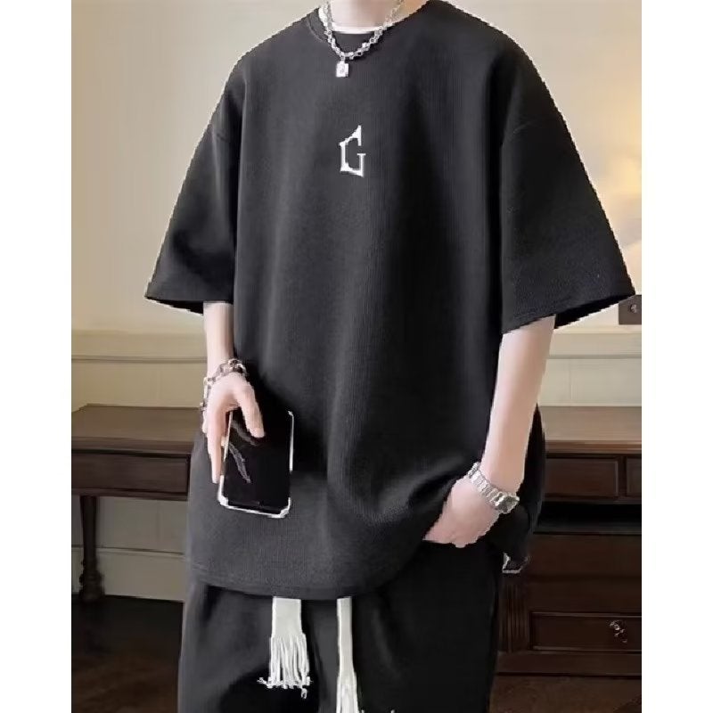 Waffle Hong Kong style short sleeve suit mens summer new printed Korean style trendy youth loose casual suit Black - Image 1