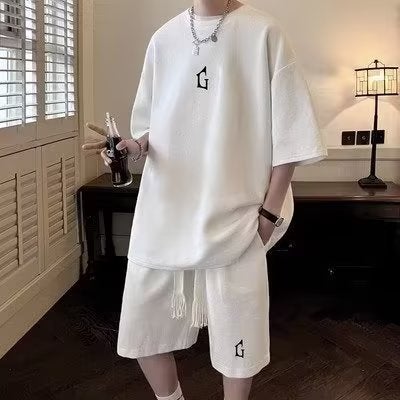 Waffle Hong Kong style short sleeve suit mens summer new printed Korean style trendy youth loose casual suit Black - Image 2