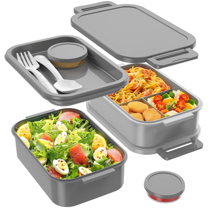 Jelife Adult Bento Box Lunch Box 3 Layers Stackable Bento Lunch Box for Adults 72oz LargeStyle AllinOne Bento Boxes LeakProof Lunchbox with Utensil Sauce Containers for Dining OutWork Grey