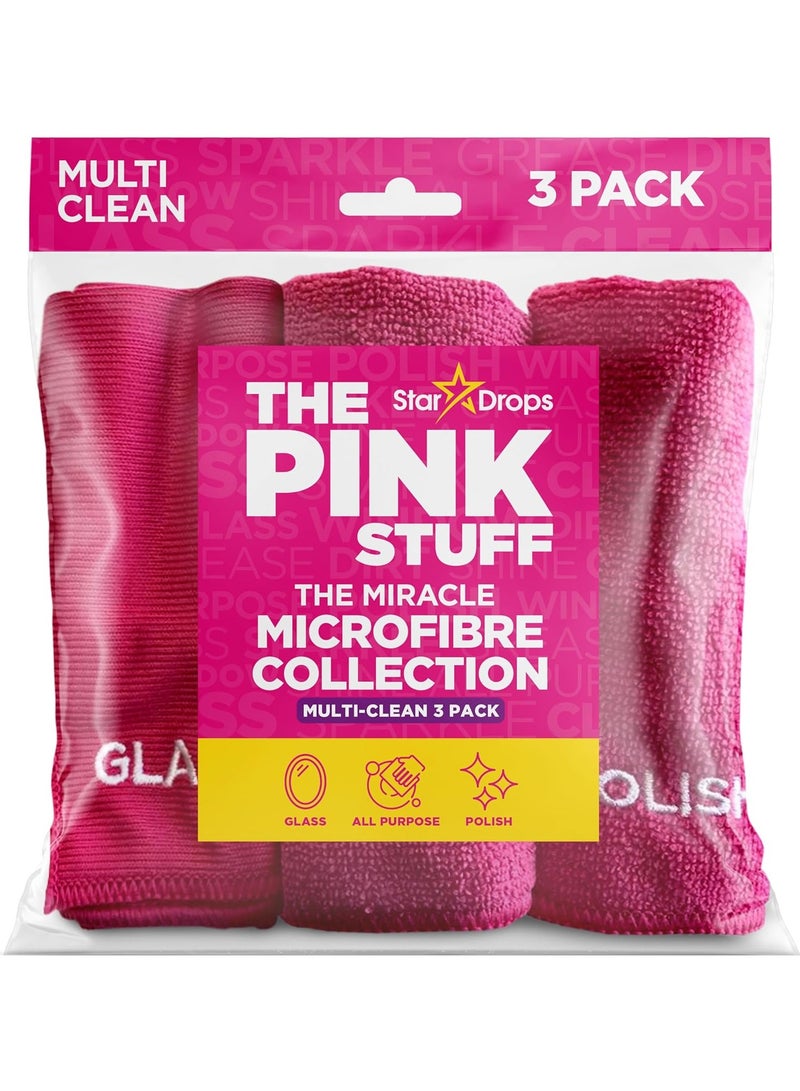 The Pink Stuff Microfiber Cloth 3 Pack – All Purpose, Glass & Polishing Cleaning Cloths, Reusable & Machine Washable, 30×30 cm