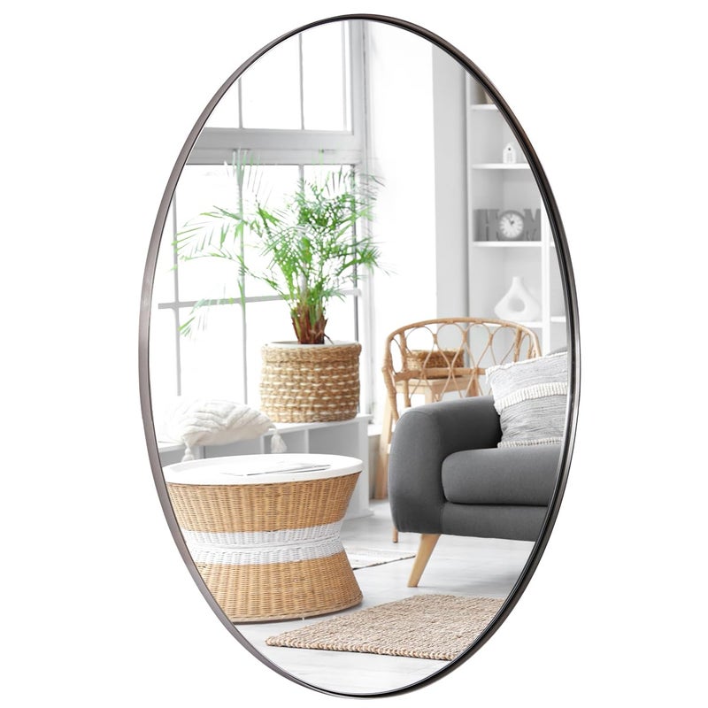ANDY STAR Brushed Nickel Mirror Oval Bathroom Mirror 22x30 Brushed Nickel Oval Wall Mirror for Btahroom Silver Vanity Mirror in Stainless Steel Frame Wall Mount Horizontal or Vertical