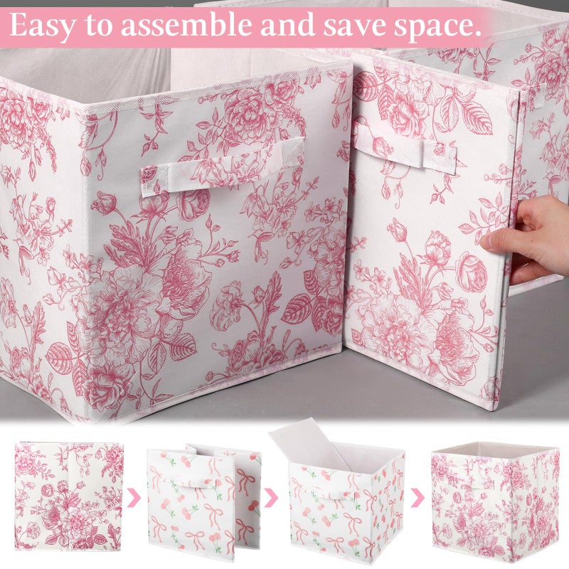 Geelin 6 Pcs Pink Floral Cube Storage Bins 11 Inch Pink Flower Storage Basket with Handle, Preppy Girls Organizer Basket, Collapsible Fabric Box for Classroom Bedrooms Office Home Decoration Gift - Image 3