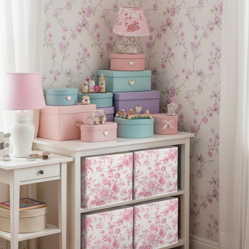 Geelin 6 Pcs Pink Floral Cube Storage Bins 11 Inch Pink Flower Storage Basket with Handle, Preppy Girls Organizer Basket, Collapsible Fabric Box for Classroom Bedrooms Office Home Decoration Gift - Image 5