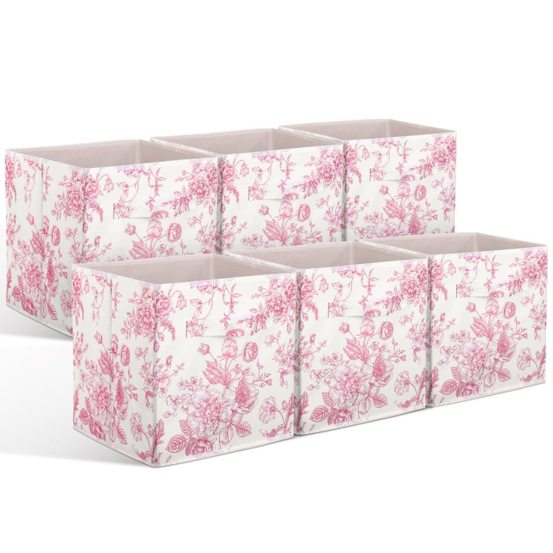 Geelin 6 Pcs Pink Floral Cube Storage Bins 11 Inch Pink Flower Storage Basket with Handle, Preppy Girls Organizer Basket, Collapsible Fabric Box for Classroom Bedrooms Office Home Decoration Gift - Image 1