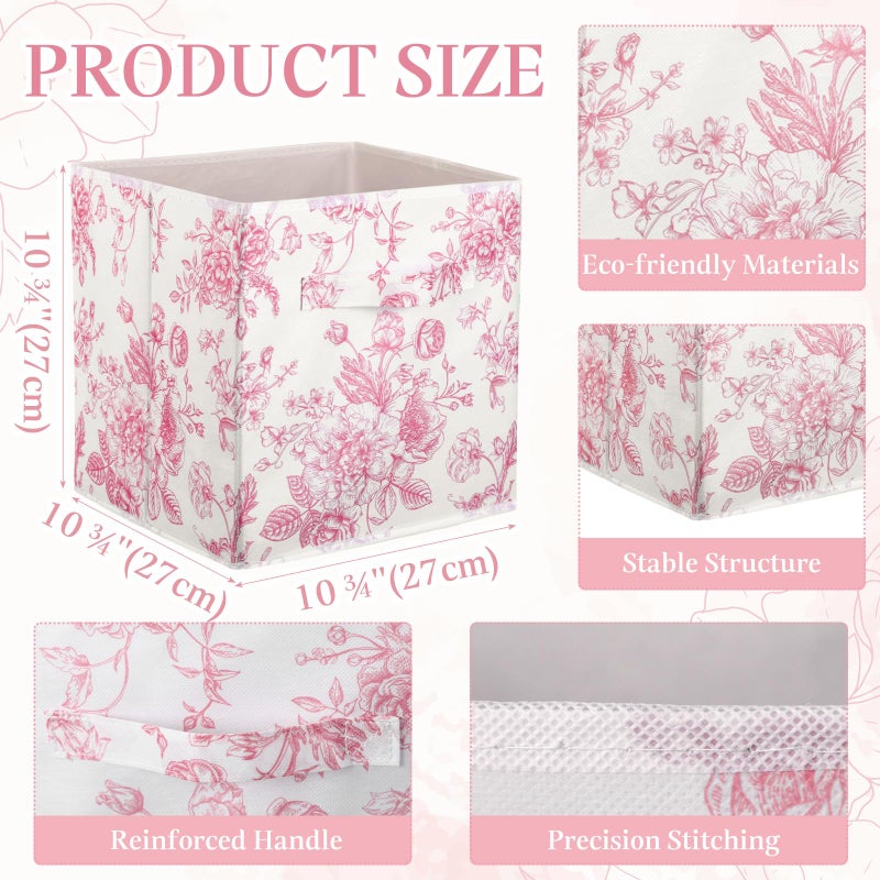 Geelin 6 Pcs Pink Floral Cube Storage Bins 11 Inch Pink Flower Storage Basket with Handle, Preppy Girls Organizer Basket, Collapsible Fabric Box for Classroom Bedrooms Office Home Decoration Gift - Image 2