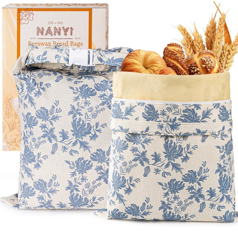 NANYI 2-Pack Reusable Beeswax Bread Bags for Sourdough & Homemade Breadï¼ŒCotton Waxed Bags Keeps Fresh Longer(Navy Bloom) - Image 1