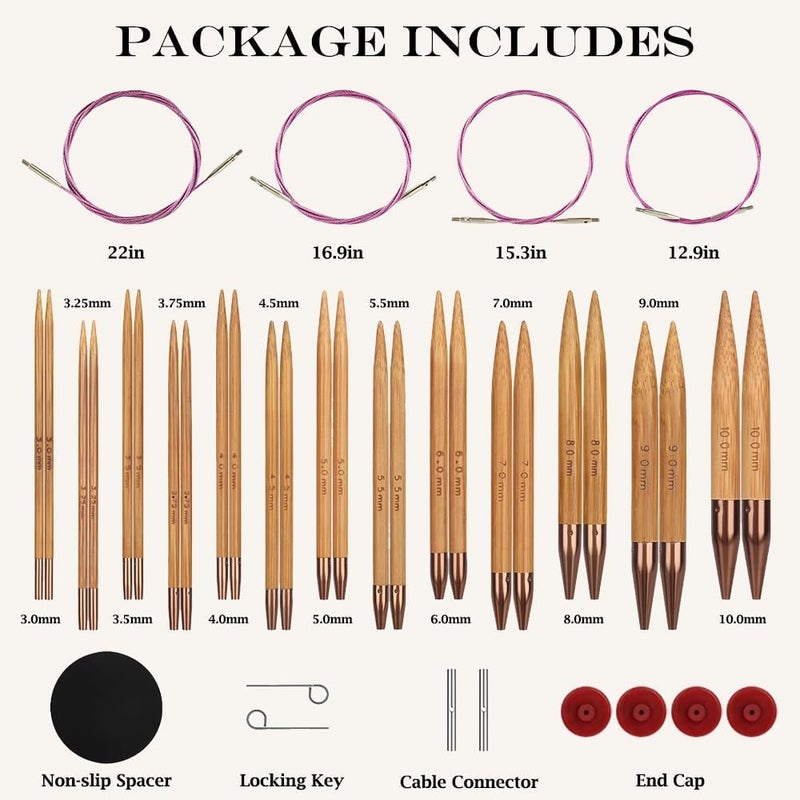 Yarniss Bamboo Circular Knitting Needle with Case,13 Pair Interchangeable Knitting Needles with Flexible Cables 3.5mm~10.0mm, 4-Inch Round Knitting Needle US Size 2.5~15 - Image 2