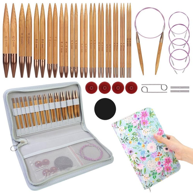 Yarniss Bamboo Circular Knitting Needle with Case,13 Pair Interchangeable Knitting Needles with Flexible Cables 3.5mm~10.0mm, 4-Inch Round Knitting Needle US Size 2.5~15 - Image 1
