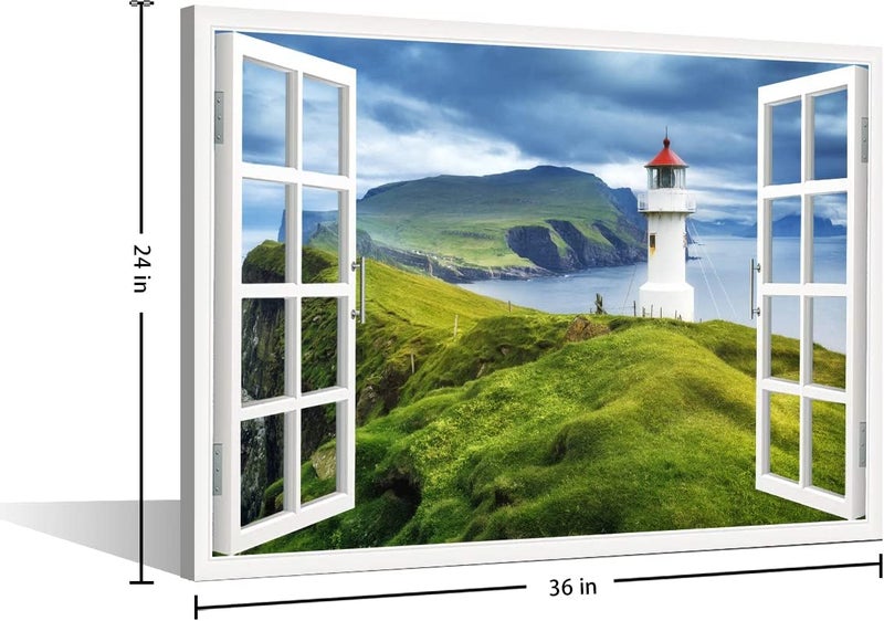 TISHIRON 3D Window Effect Canvas Art Wall Framed Modern Home Decor Beach Coconut Tree View Pictures for Home Living Room Dining Room Wall Decor Posters Prints Ready to Hang - 36" W x 24" H - Image 5