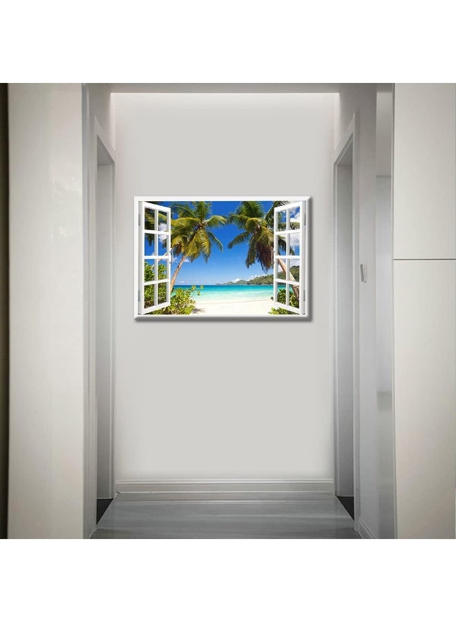 TISHIRON 3D Window Effect Canvas Art Wall Framed Modern Home Decor Beach Coconut Tree View Pictures for Home Living Room Dining Room Wall Decor Posters Prints Ready to Hang - 36" W x 24" H - Image 2