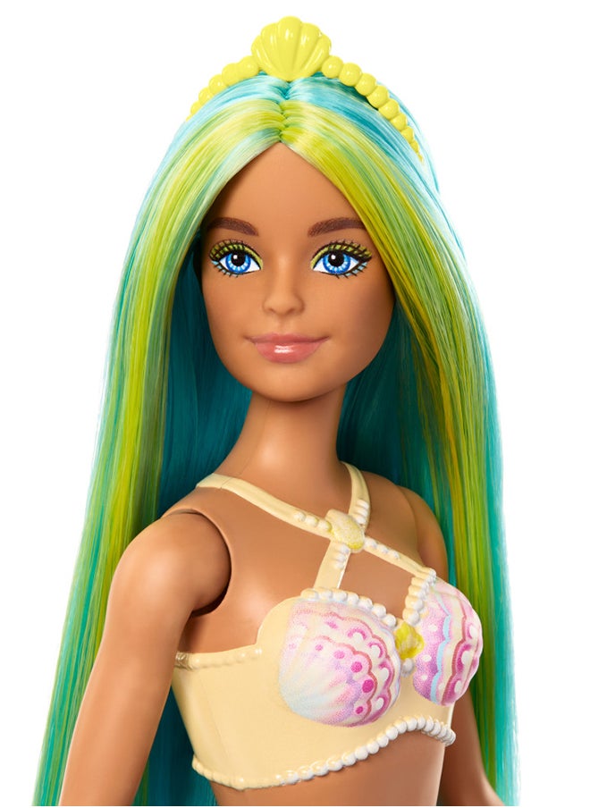 Barbie - دُمى الحوريات ذات الشعر الخيالي وإكسسوارات أربطة الرأس، ألعاب حوريات ذات صدريات مستوحاة من الأصداف وذيل ملون - Image 1