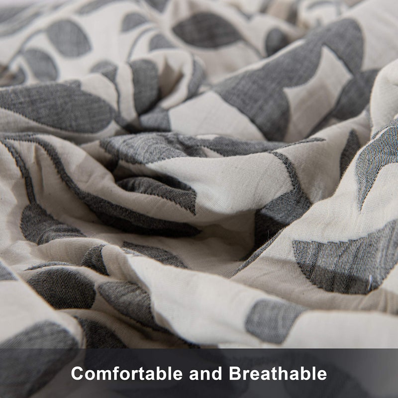 NTBAY 3 Layers Cotton Muslin 106x92 King Bed Blanket, Super Soft Breathable Thermal Yarn Dyed Quilt for Adults, Perfect Lightweight Blanket for Couch Sofa Bed All Seasons, Grey Leaf - Image 4