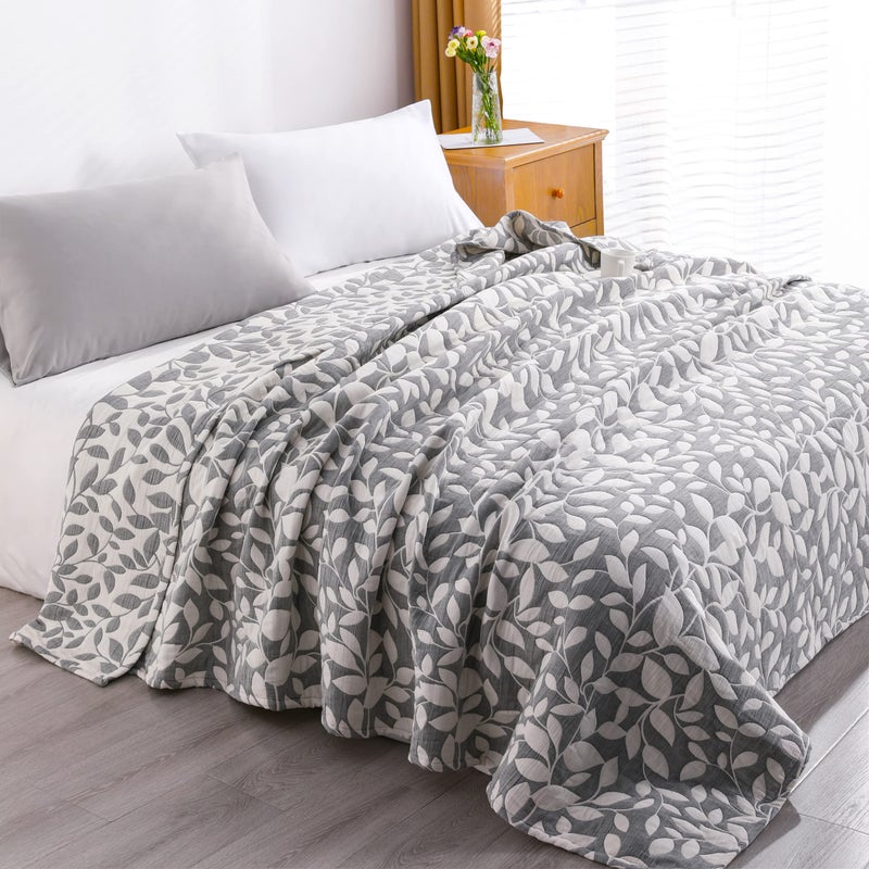 NTBAY 3 Layers Cotton Muslin 106x92 King Bed Blanket, Super Soft Breathable Thermal Yarn Dyed Quilt for Adults, Perfect Lightweight Blanket for Couch Sofa Bed All Seasons, Grey Leaf - Image 1