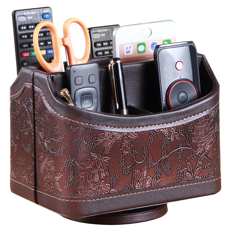PUSU Leather 360Â°Rotatable Remote Control Holder,Nightstand TV Remote Caddy,Office Supplies Desktop Organizer,Spinning Storage Box for Pen,Mail,Phone,DVD, Blu-Ray, Media Player, Heater Controllers - Image 1
