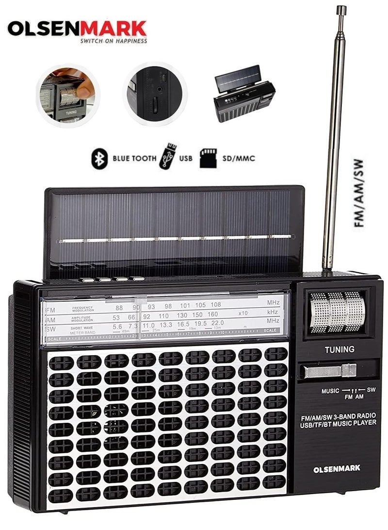 Olsenmark Rechargeable 3 Band Radio - Rechargeable Battery also Solar Energy With Bluetooth USB/FM/Bluetooth/TF And MP3, Comfortable Handle, Karaoke Function OMR1276 - Image 1