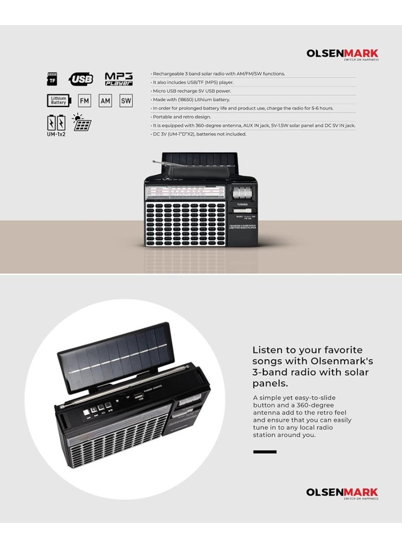 Olsenmark Rechargeable 3 Band Radio - Rechargeable Battery also Solar Energy With Bluetooth USB/FM/Bluetooth/TF And MP3, Comfortable Handle, Karaoke Function OMR1276 - Image 3