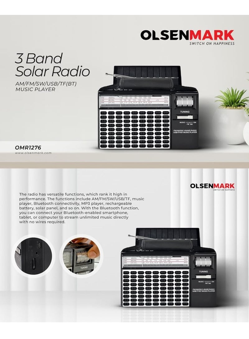 Olsenmark Rechargeable 3 Band Radio - Rechargeable Battery also Solar Energy With Bluetooth USB/FM/Bluetooth/TF And MP3, Comfortable Handle, Karaoke Function OMR1276 - Image 4