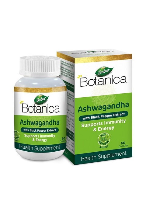 Dabur Botanica Ashwagandha Veg. Capsules | 5x Potency | Relieves Stress and Anxiety | Boosts Immunity & Energy - 60 Tablets.