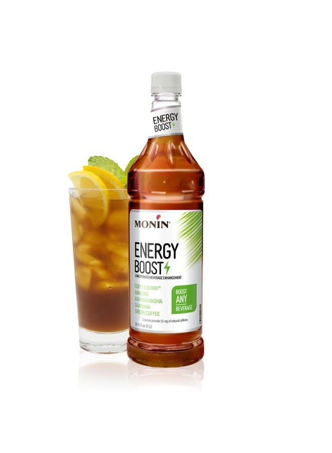Monin Energy Boost, Liquid Energy Supplement, Subtle Tea Flavor, Zero Added Sugar, Great for Coffee, Soda, & More, Low-Calorie, Contains Natural Caffeine, Gluten-Free, Clean Label (1 Liter + Pump) - Image 1