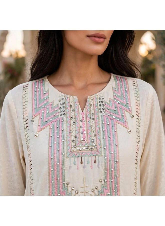 Ikkxa  Geometric Embroidered Notch Neck Maxi Jalabiya for Women | Best Price UAE